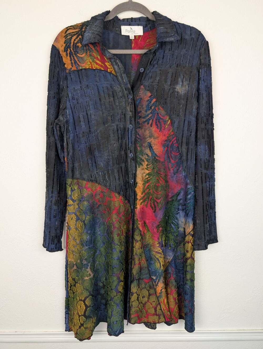 Palila Cardigan Embroidered Batik Tie Dye Velvet Boho Art to Wear Blue Size S